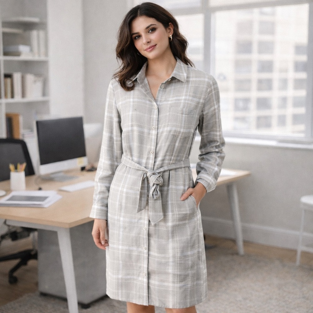 Light Gray White Plaid Long Sleeve Button Down Belted Shirt Dress SZ 12 NWOT